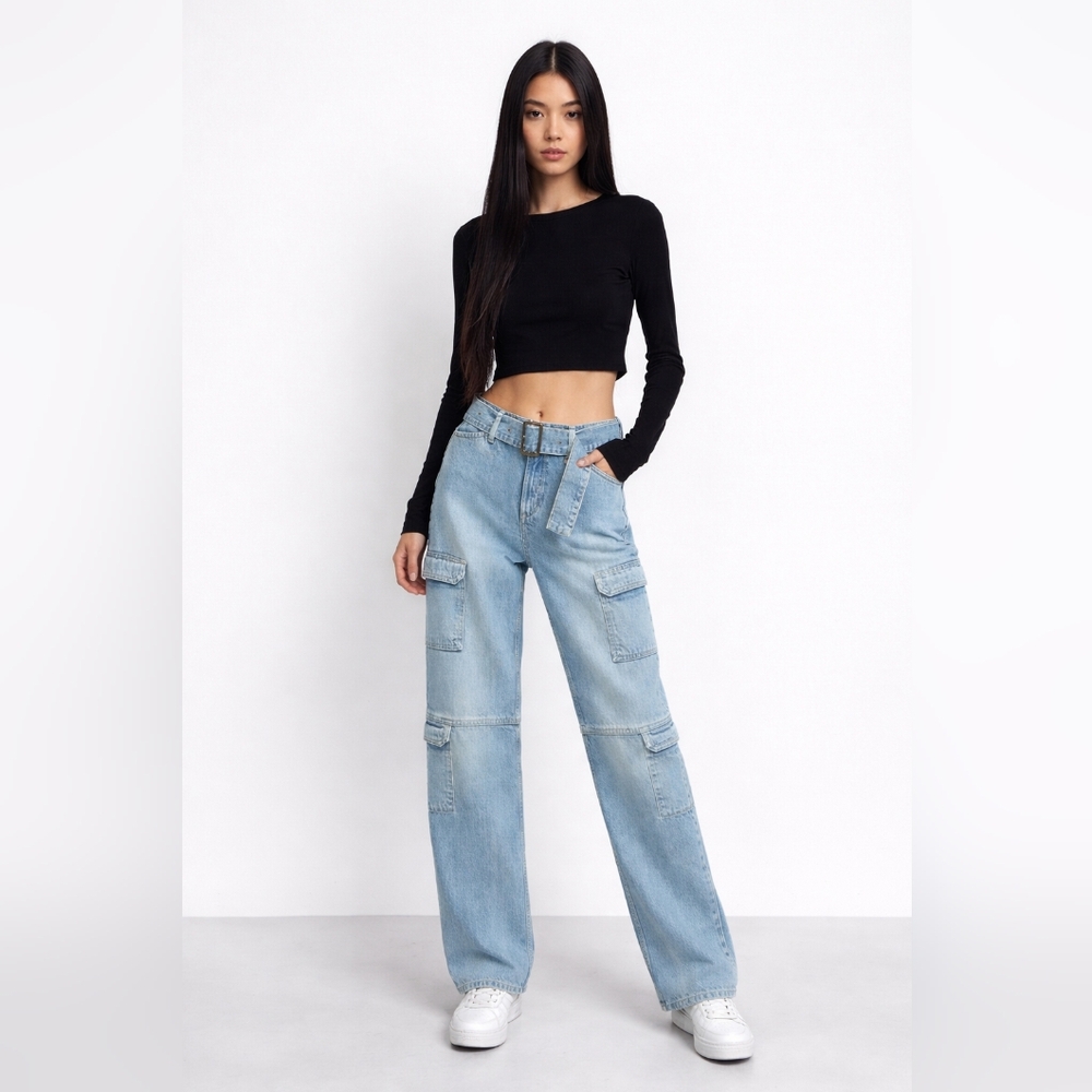 Zara Belted Cargo Jeans 100% Cotton Mid Rise Size 4